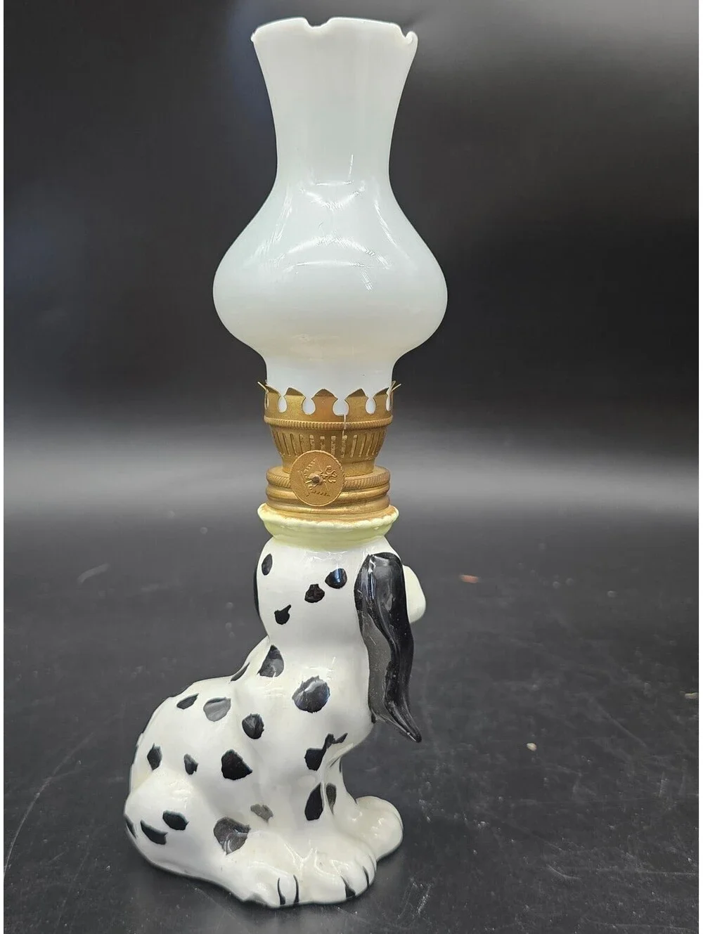 Vintage Dalmatian Dog Miniature Oil Lamp Ceramic Japan Figural #3431 Milk Glass